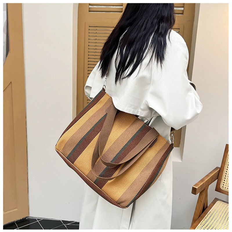 Large Tote Bag for women's Striped Crossbody Canvas Bag 2023 New Trendy Versatile Class Commuting Shoulder Bag