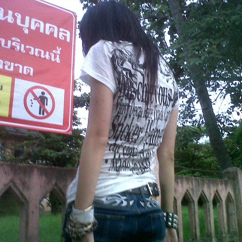 Karrram Trashy Y2k Letter Print T-shirt Grunge Aesthetics Short Sleeve Tattoo Tops Vintage 2000s Style Streetwear American Retro