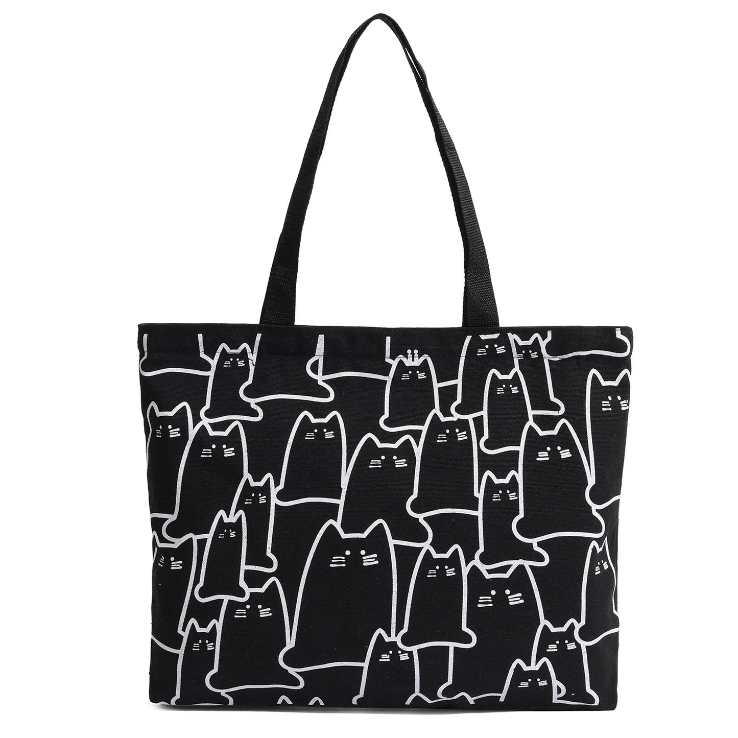 Canvas Handbag For Women 2023 Fashion Cute Cat Tote Messenger Bags With Zipper Designer Bag Ladies Cartoon Shoulder Shopper Bags