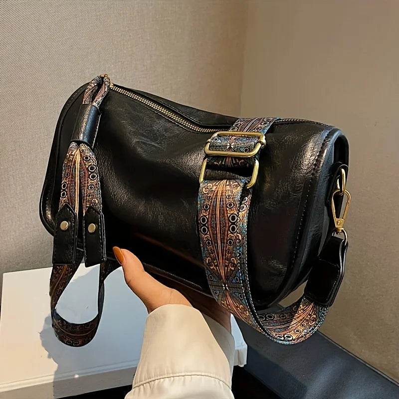 Graphic Pattern Zipper Crossbody Bag, Stylish Leather Shoulder Bag with Wide Strap Large Capacity Daily Purse Designer Hobos Bag