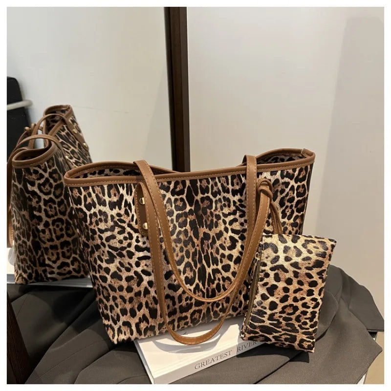 Women's Leopard Print Tote bag Pu Leather Underarm Bags Simple Casual Travel Shopping Bag Large Capacity Mother and Child Packag