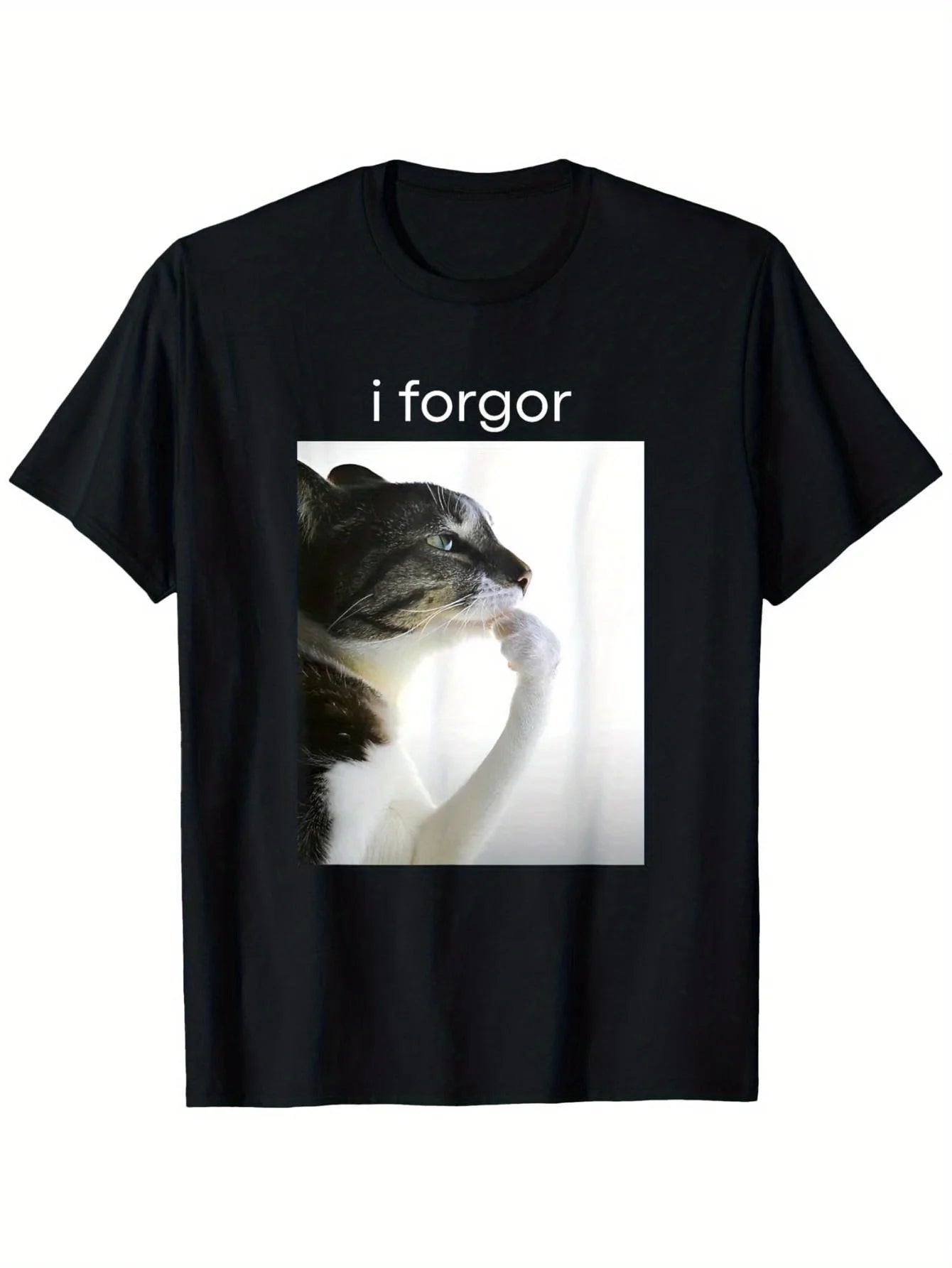 Funny Silly Cat Meme "I Forget" Cringe Brainrot Graphic T-Shirt Round Neck Short Sleeve Tee for Casual Wear Women Clothing Y2K