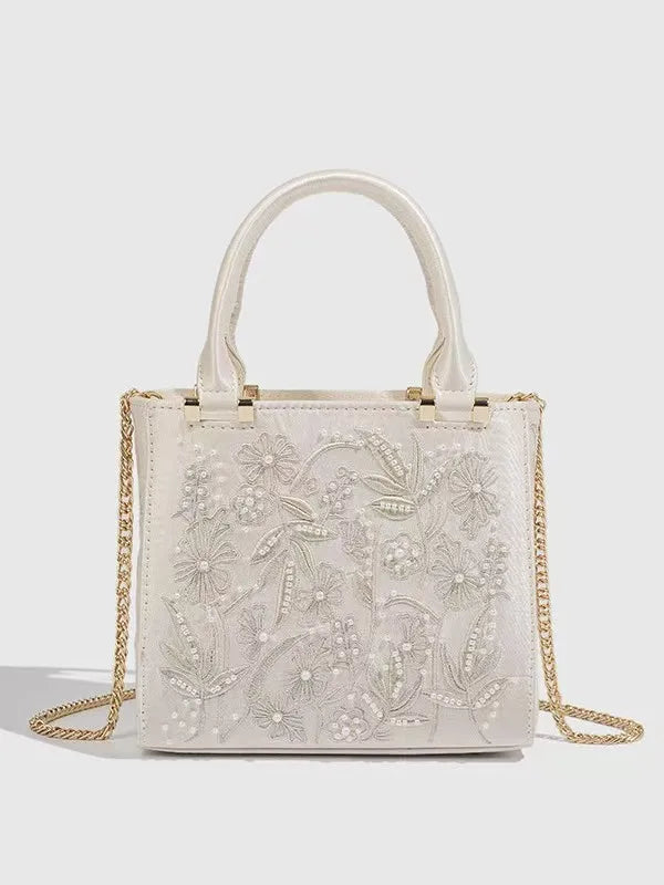 Elegant Soft Pearl Embroidery Fashion Handbag Silk Cheongsam Evening Clutch Chain Shoulder Bag Urban Minimalist Style Tote Chic