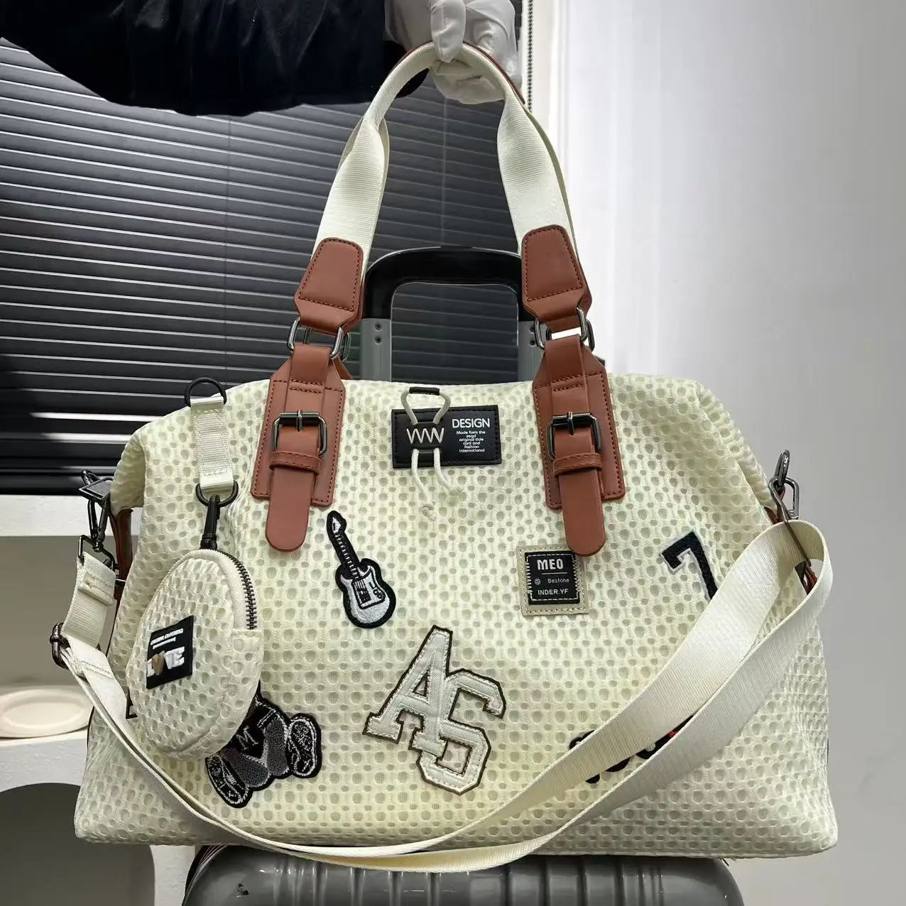 Fashionable women's mesh nylon adhesive tote bag, large capacity splicing shoulder bag, short distance travel casual handbag