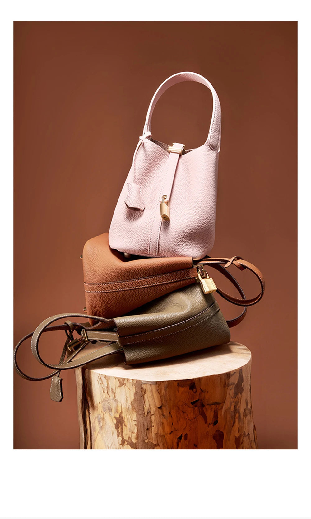 2025 Casual Fashion Female Genuine Leather Bucket Bag Luxury Handbag High-End Tote Bag Woman Cow Leather Mommy Bag & Metal Lock