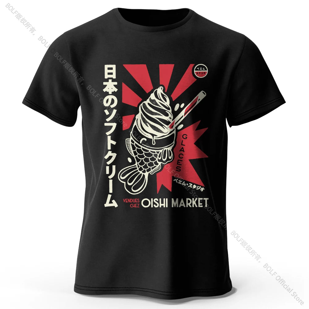 Japanese Foodie Print 100% Cotton T-Shirt, Soft & Breathable Round Neck Short Sleeve Tee, Unisex Cute & Cultural Style