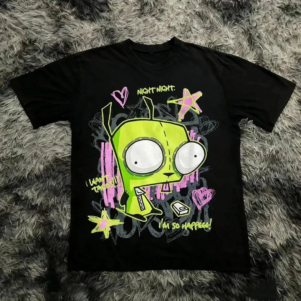 Summer 2026 New Invader Zim Cartoon Print Tee High Quality Y2k Stylish Casual Breathable Men's Crew Neck Print Tee
