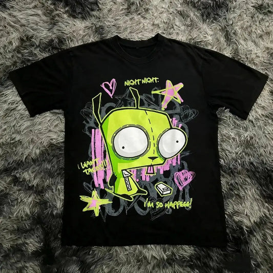 Summer 2026 New Invader Zim Cartoon Print Tee High Quality Y2k Stylish Casual Breathable Men's Crew Neck Print Tee