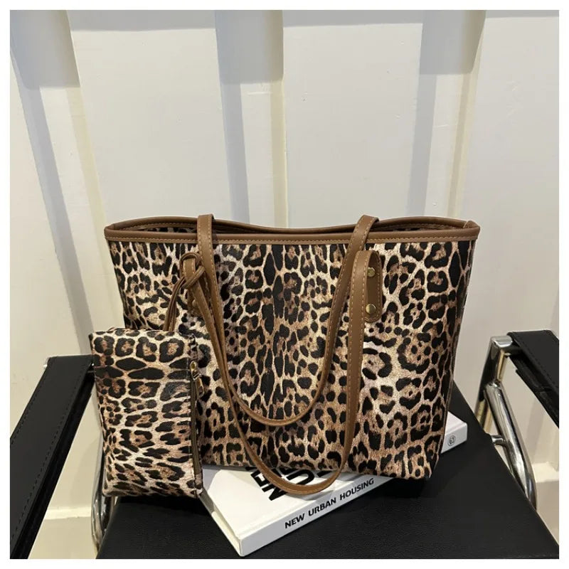 Women's Leopard Print Tote bag Pu Leather Underarm Bags Simple Casual Travel Shopping Bag Large Capacity Mother and Child Packag