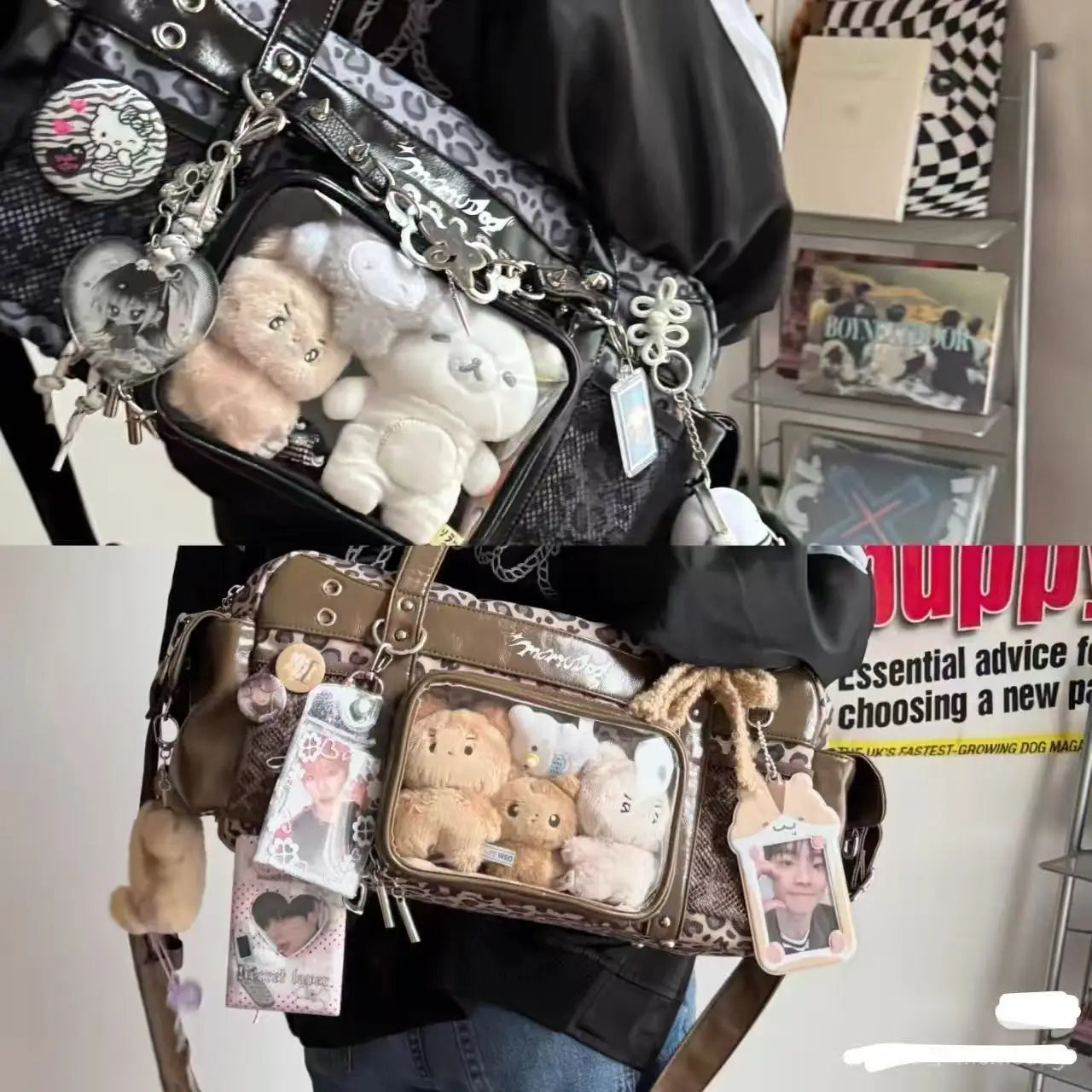 New Y2K Casual Large Capacity Handbag Shoulder Bag Comic Exhibition Crossbody Bag Sweet and Cool Leopard Print Ita Bag for Girls