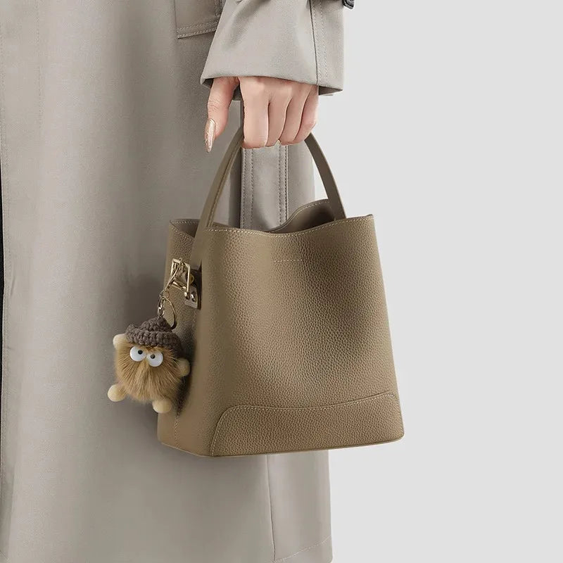 2026 New CEEKAY Khaki Leather Bucket Bag Minimalist Shoulder Bag with Cute Plush Pendant Casual Handbag for Women Bags for Women