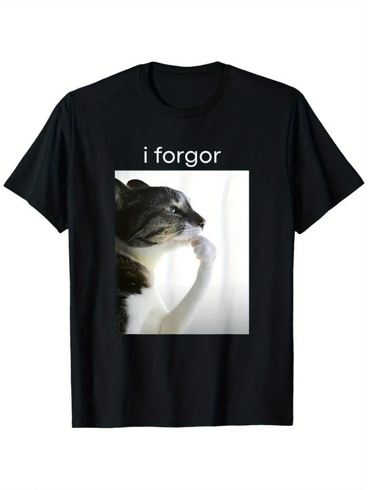 Funny Silly Cat Meme "I Forget" Cringe Brainrot Graphic T-Shirt Round Neck Short Sleeve Tee for Casual Wear Women Clothing Y2K