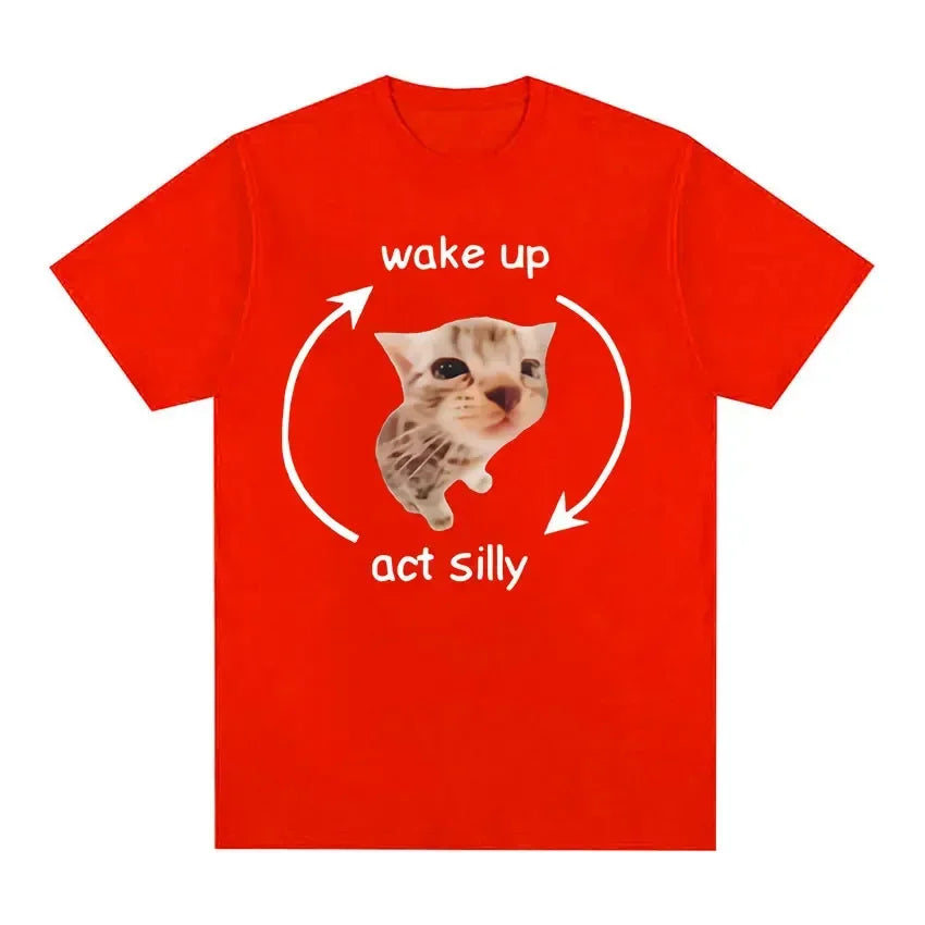 Wake Up Act Silly Meme Graphic T Shirt Funny Cute Cat Print Short Sleeve T-shirt Men Women Casual Oversized T Shirts