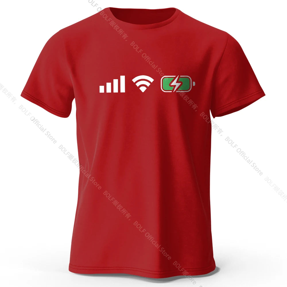 Signal WiFi Battery Printed T-Shirt 100% Cotton Oversized Tech Graphic Tees for Men Women Summer Tops Digital Streetwear