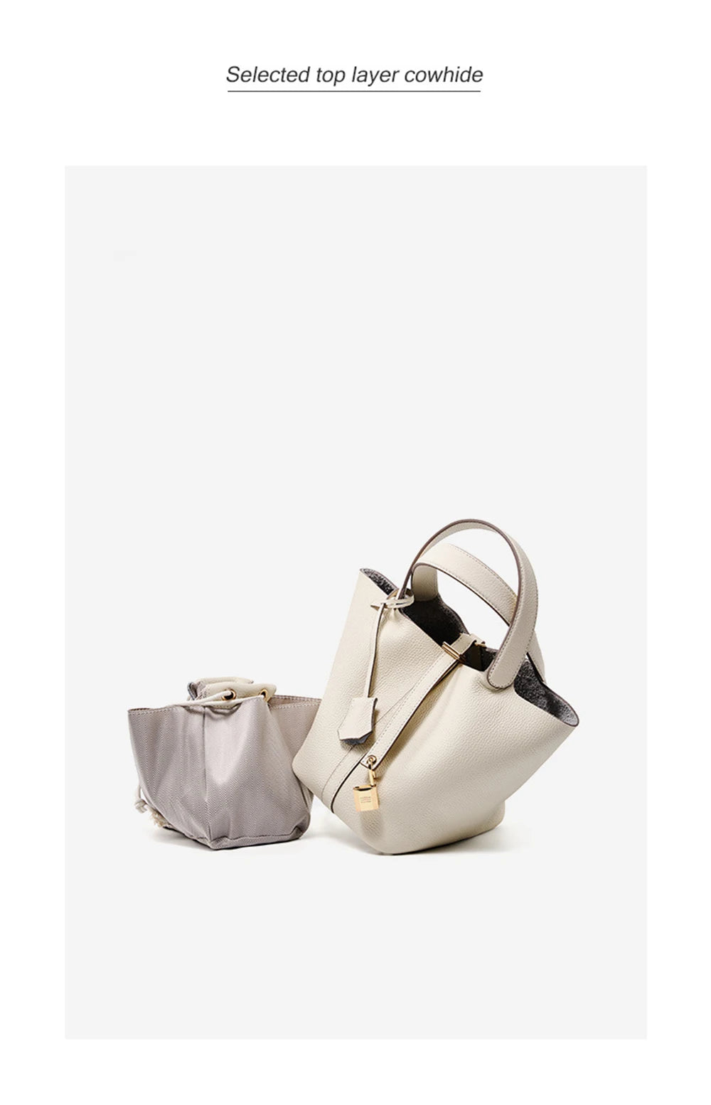 2025 Casual Fashion Female Genuine Leather Bucket Bag Luxury Handbag High-End Tote Bag Woman Cow Leather Mommy Bag & Metal Lock