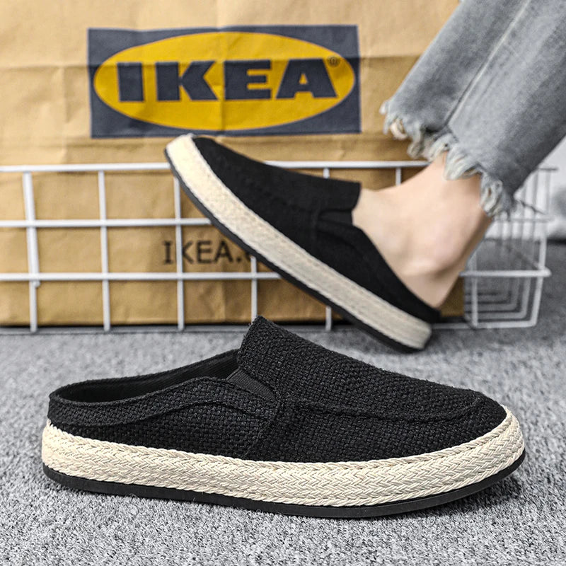 Outdoor Sandals Mens Half Slipper Summer Casual Shoes Canvas Soft Bottom Lightweight Walking Shoe Vulcanized Shoe