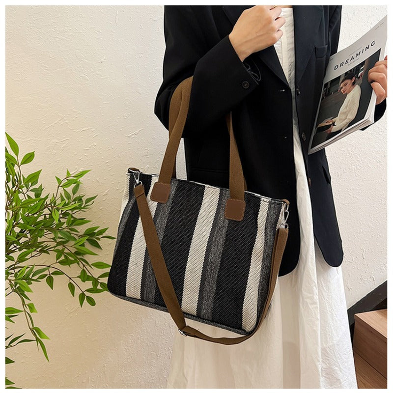 Large Tote Bag for women's Striped Crossbody Canvas Bag 2023 New Trendy Versatile Class Commuting Shoulder Bag