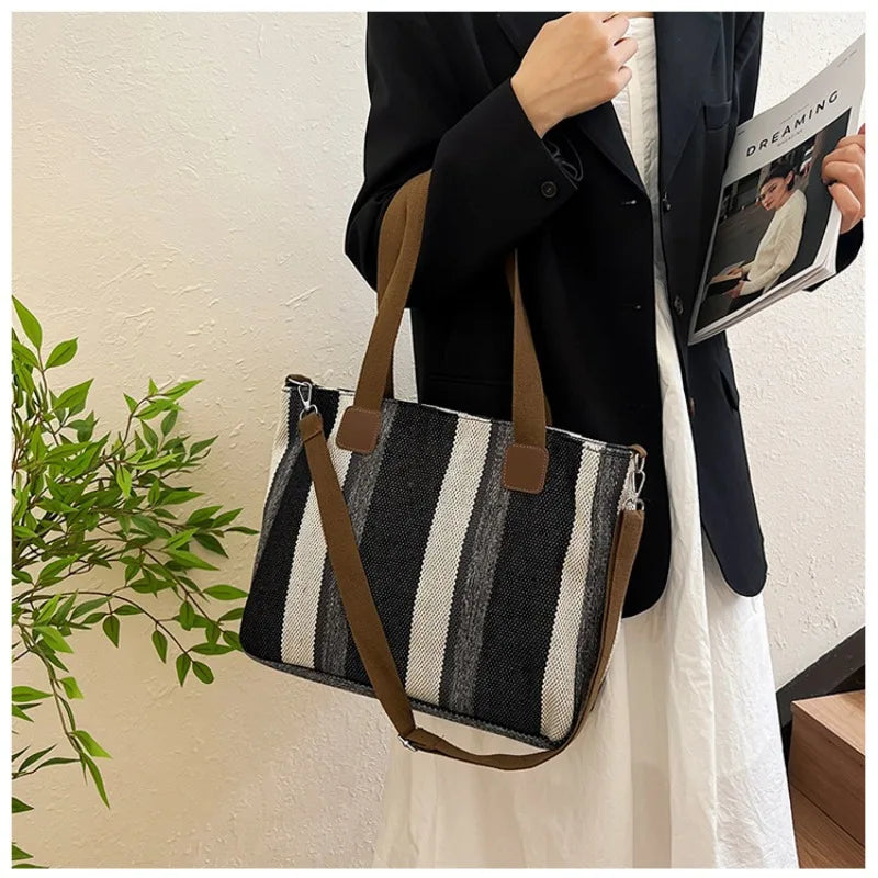 Large Tote Bag for women's Striped Crossbody Canvas Bag 2023 New Trendy Versatile Class Commuting Shoulder Bag