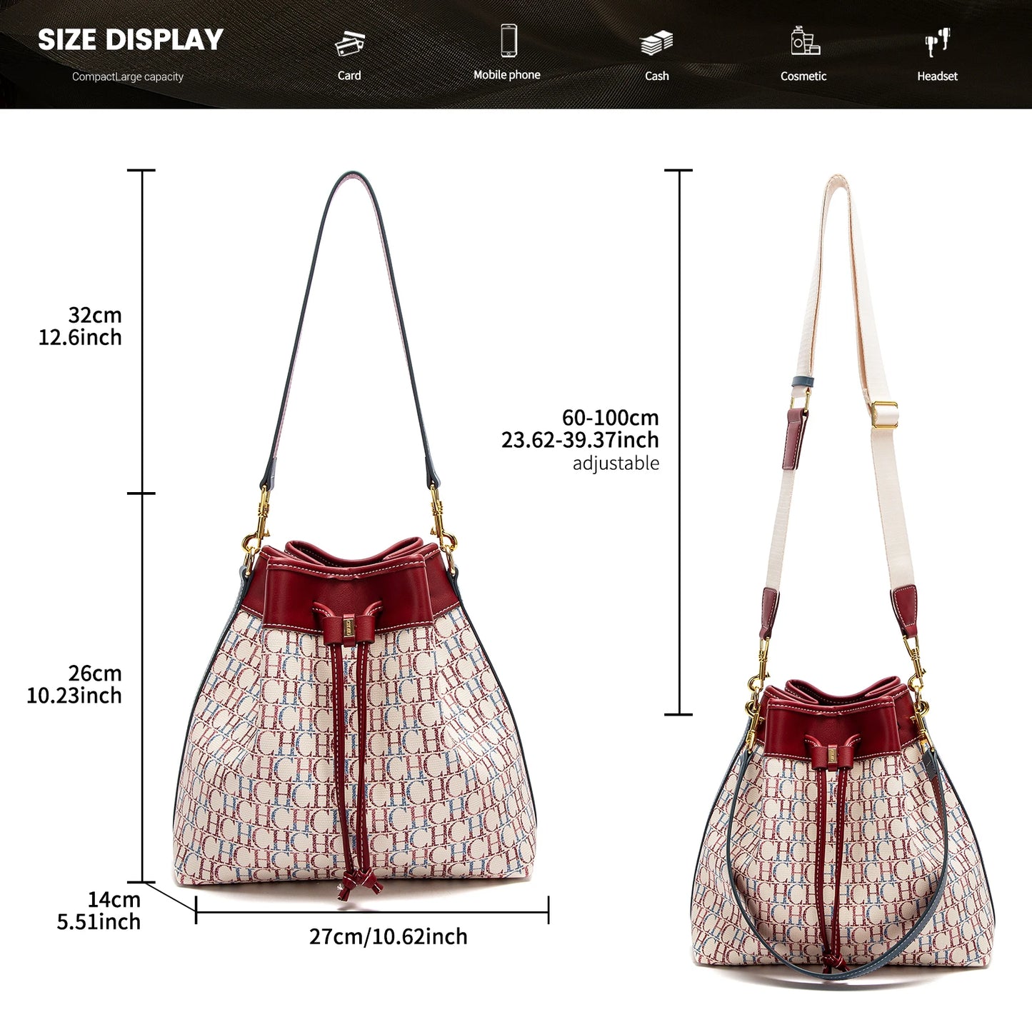 CHCH Women's Bucket Bag Spring New Wine Red Drawstring Bag Dual purpose Shoulder Strap Commuter Wallet