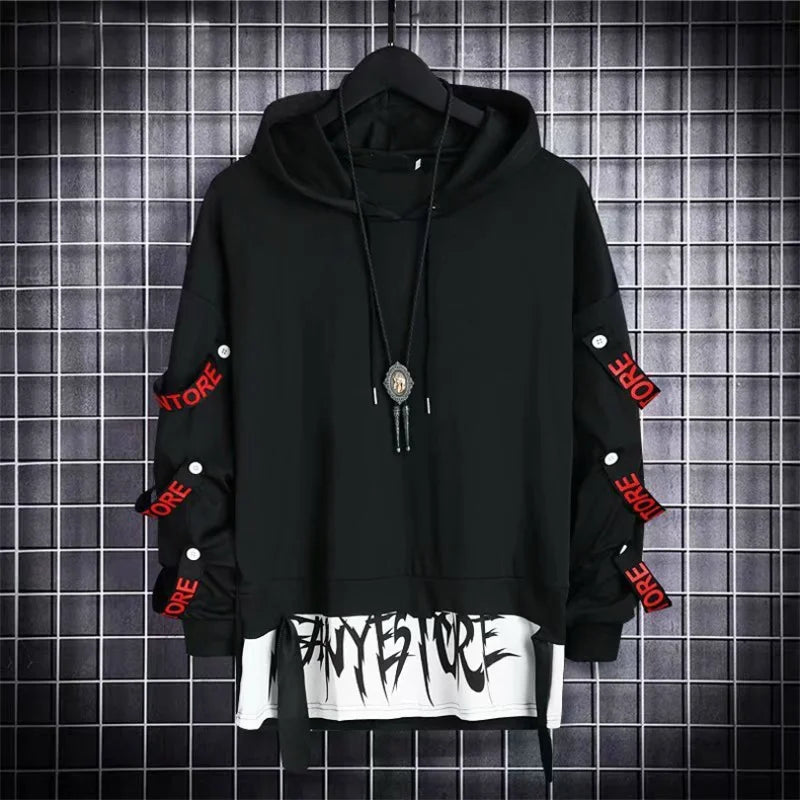 Autumn  Men's Casual Hoodie Sweatshirt Techwear Hip Hop Harajuku Style with Ribbons Patchwork Japanese Streetwear Darkwear