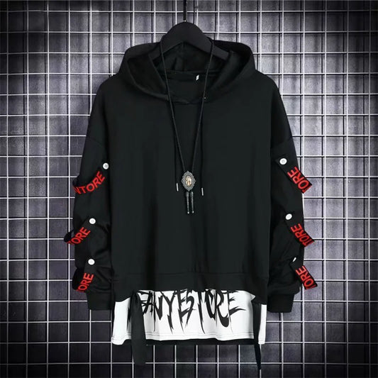 Autumn  Men's Casual Hoodie Sweatshirt Techwear Hip Hop Harajuku Style with Ribbons Patchwork Japanese Streetwear Darkwear