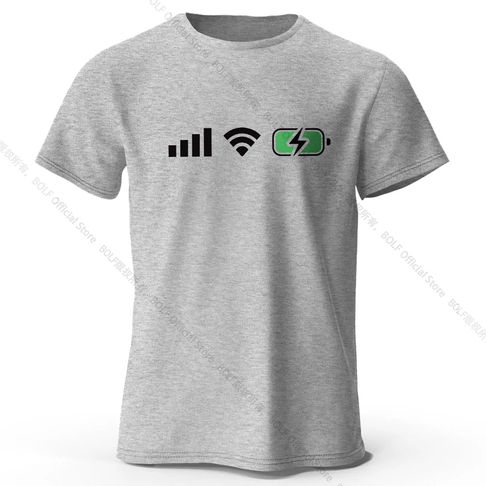 Signal WiFi Battery Printed T-Shirt 100% Cotton Oversized Tech Graphic Tees for Men Women Summer Tops Digital Streetwear