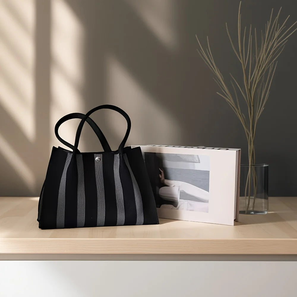 New color-blocking knitted stripe design tote bag, large capacity handbag for women's commute