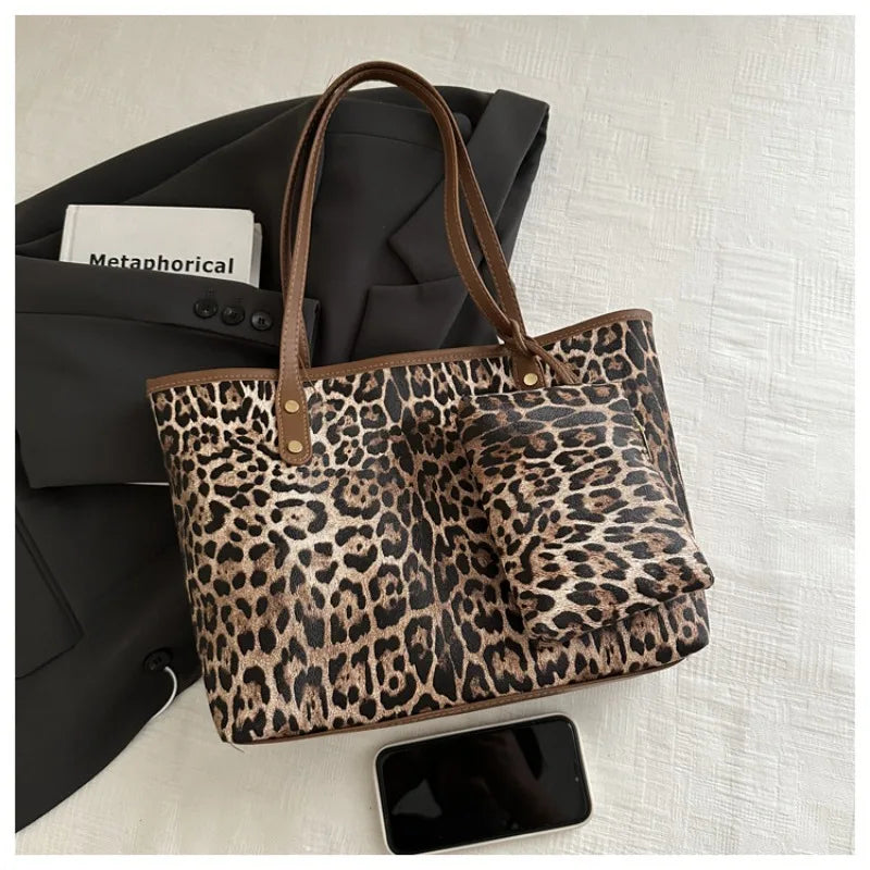 Women's Leopard Print Tote bag Pu Leather Underarm Bags Simple Casual Travel Shopping Bag Large Capacity Mother and Child Packag