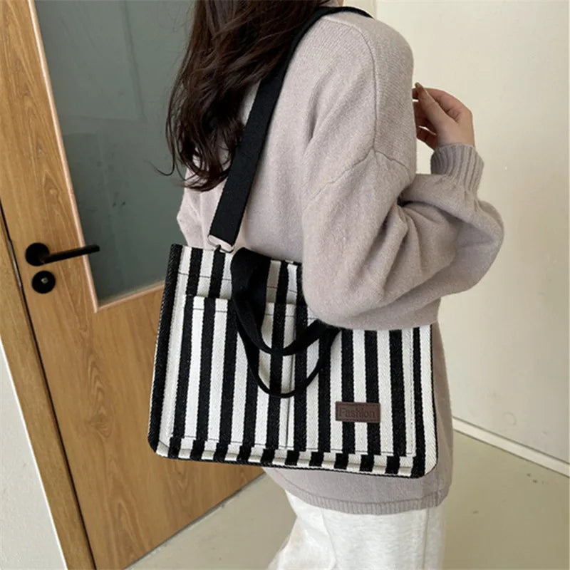 Cool Street Handbag, Large Capacity Women's Shoulder Bag, Trendy Striped Canvas Crossbody Bag, Fashion Travel Shopping Tote Bag