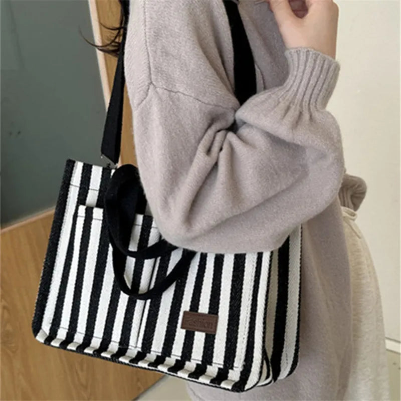 Cool Street Handbag, Large Capacity Women's Shoulder Bag, Trendy Striped Canvas Crossbody Bag, Fashion Travel Shopping Tote Bag