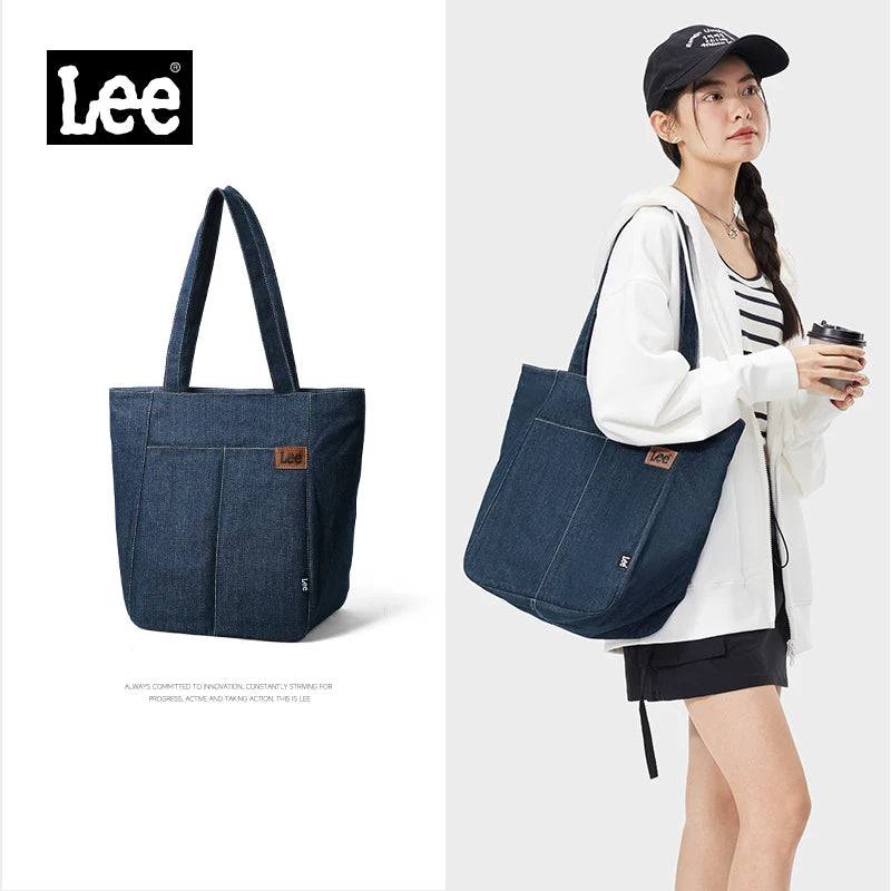 LEE Denim Blue Women Causal Large Capacity Tote Bag Jeans Beige Ladies Work Shoulder School Student Laptop Book Bag