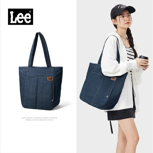 LEE Denim Blue Women Causal Large Capacity Tote Bag Jeans Beige Ladies Work Shoulder School Student Laptop Book Bag
