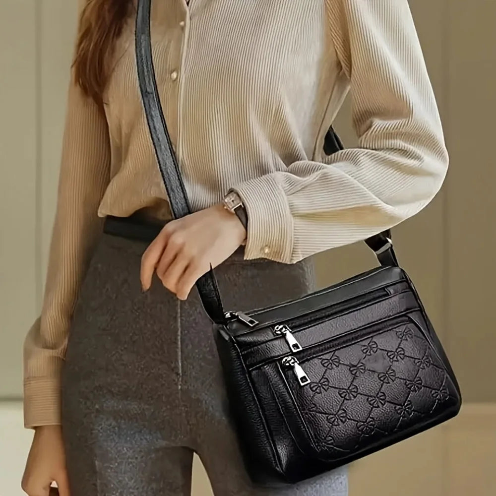 Women's Crossbody Fashion Pu Leather Large Capacity Multi-Pocket Mom Bag Black Embossed Outing Party Shoulder Bag