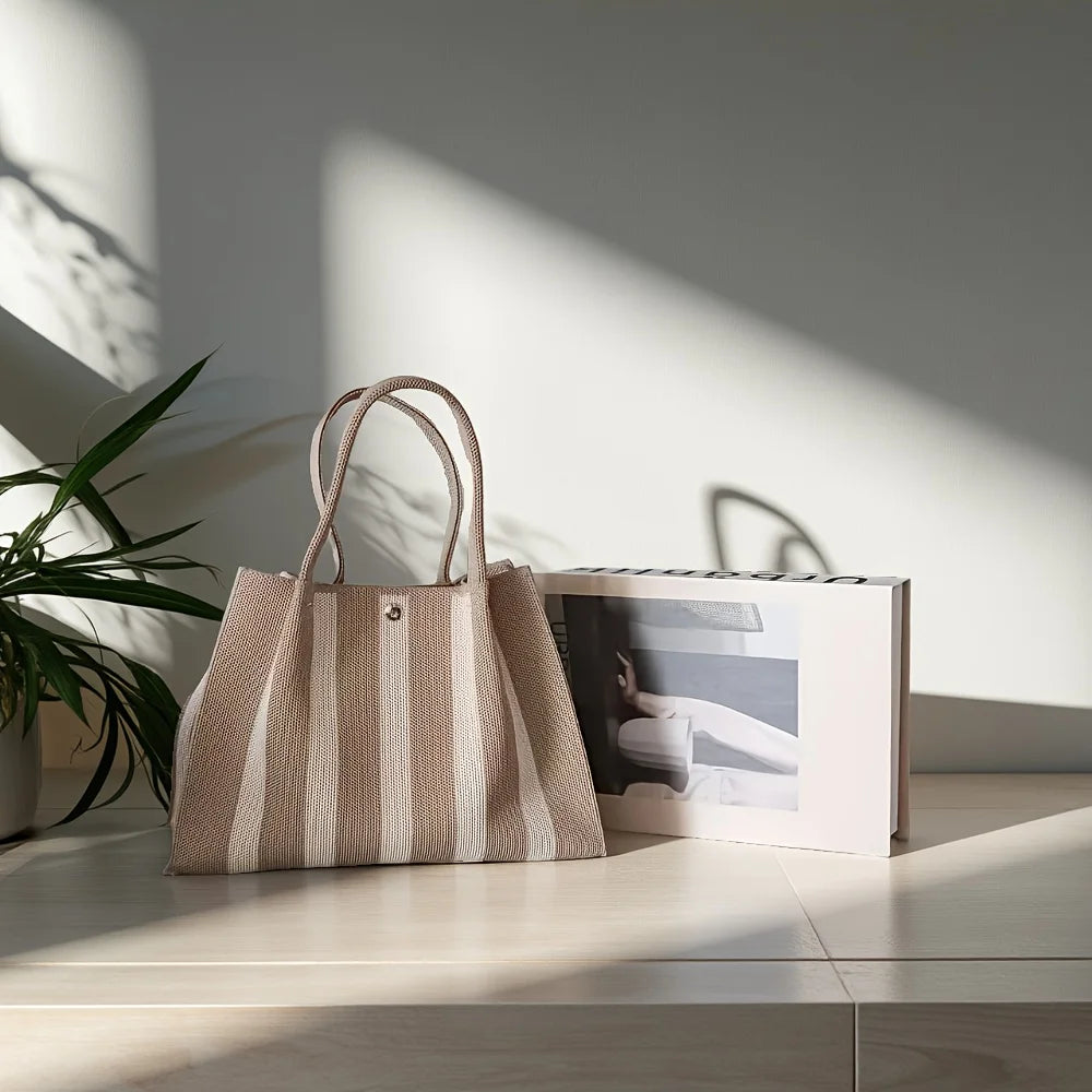 New color-blocking knitted stripe design tote bag, large capacity handbag for women's commute