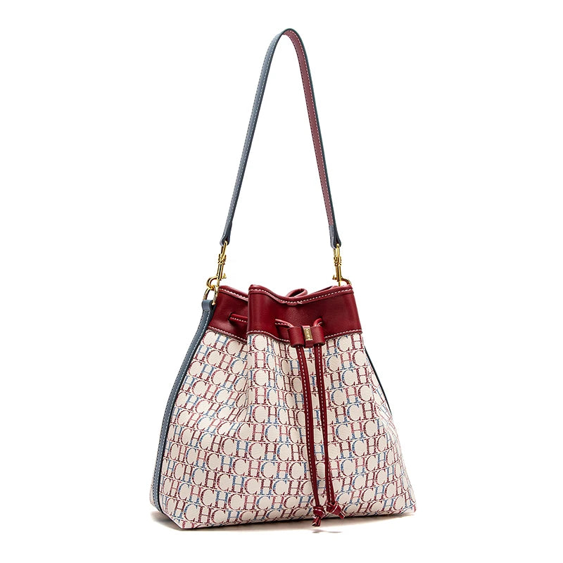 CHCH Women's Bucket Bag Spring New Wine Red Drawstring Bag Dual purpose Shoulder Strap Commuter Wallet