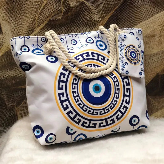 1pcs Evil Eye Women's Beach Bag Polyester Large Capacity Tote Shoulder Bag Customizable Logo Seaside Travel Bag