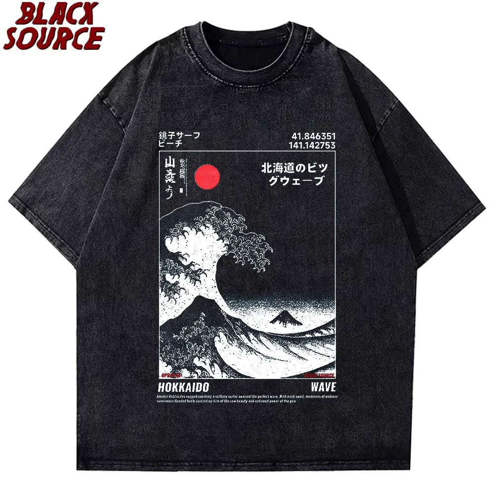 T416 Japanese Style Hokkaido Wave Vintage T-shirt Men Women Harajuku Fashion High Quality T Shirts Oversized Cotton Summer Tee