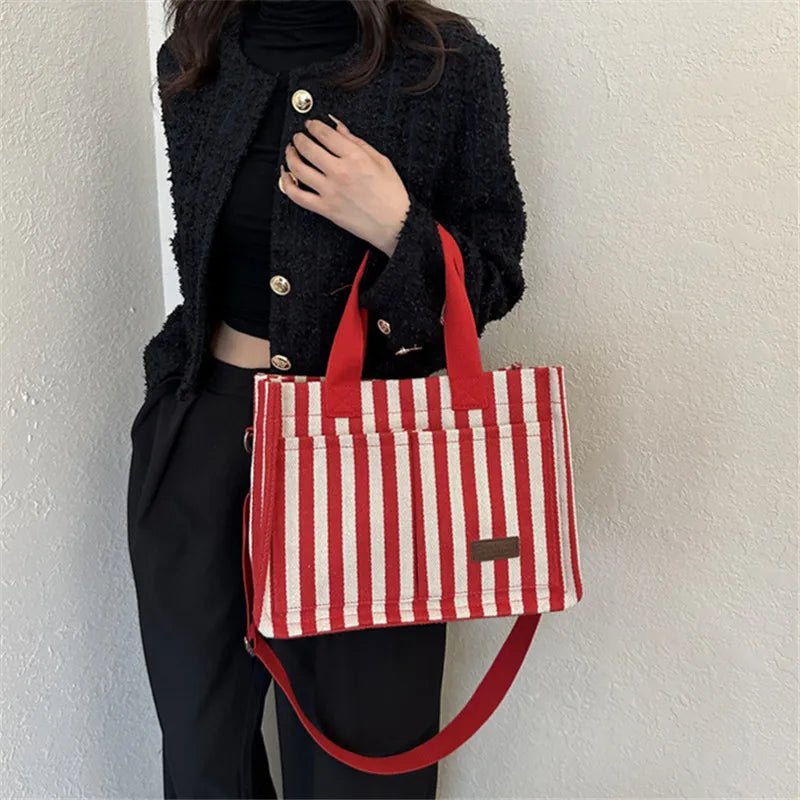 Cool Street Handbag, Large Capacity Women's Shoulder Bag, Trendy Striped Canvas Crossbody Bag, Fashion Travel Shopping Tote Bag