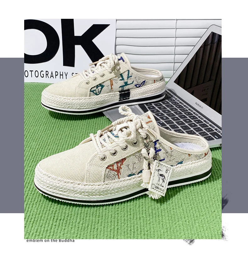 Outdoor Sandals Mens Half Slipper Summer Casual Shoes Canvas Soft Bottom Lightweight Walking Shoe Vulcanized Shoe