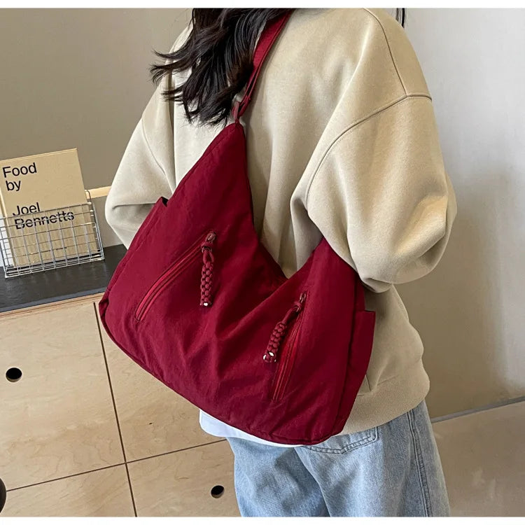 Summer Women Solid Color Shoulder Bag Fashion Lightweight Versatile Travel Crossbody Bag Commuter Nylon Large Capacity Hobo Bag