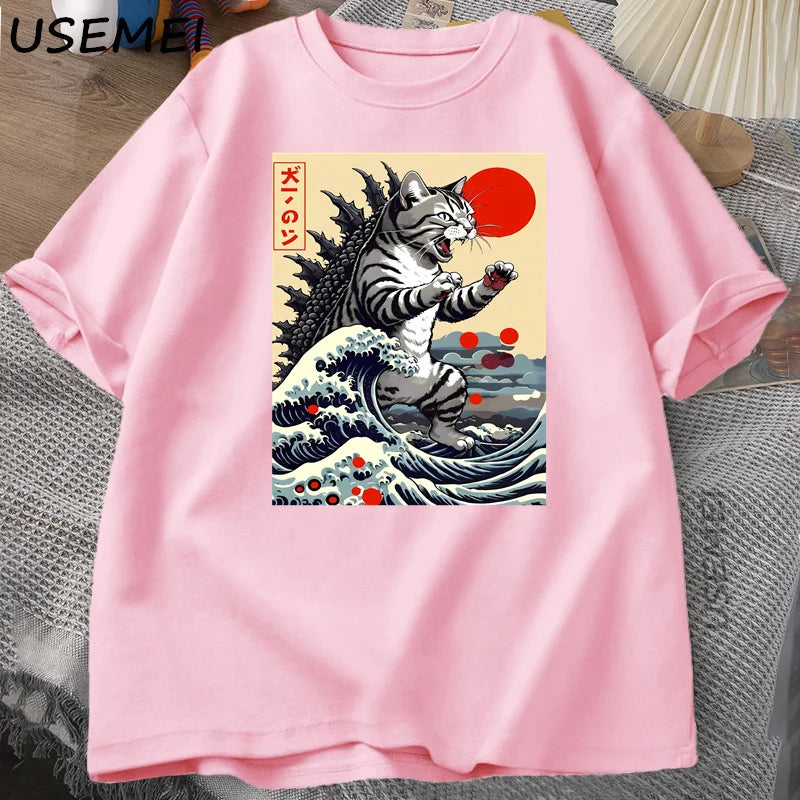 Catzilla Cat Japanese Funny T-shirt for Men Women Vintage Cartoon Print Casual Comfortable Round Neck Short Sleeved T-shirt Top
