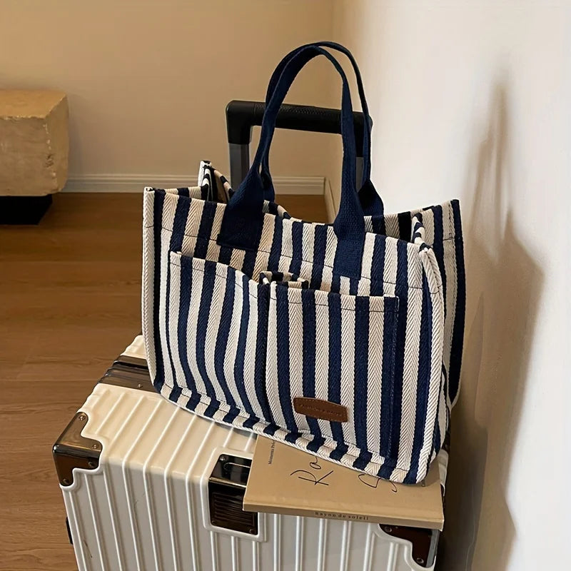 Cool Street Handbag, Large Capacity Women's Shoulder Bag, Trendy Striped Canvas Crossbody Bag, Fashion Travel Shopping Tote Bag