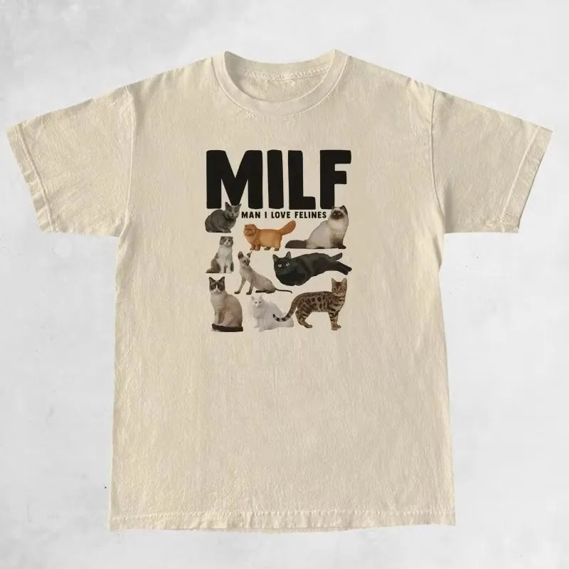 MILF Man I Love Felines Women Funny Meme T Shirt Casual Short Sleeve Cat Lover Tshirt Female