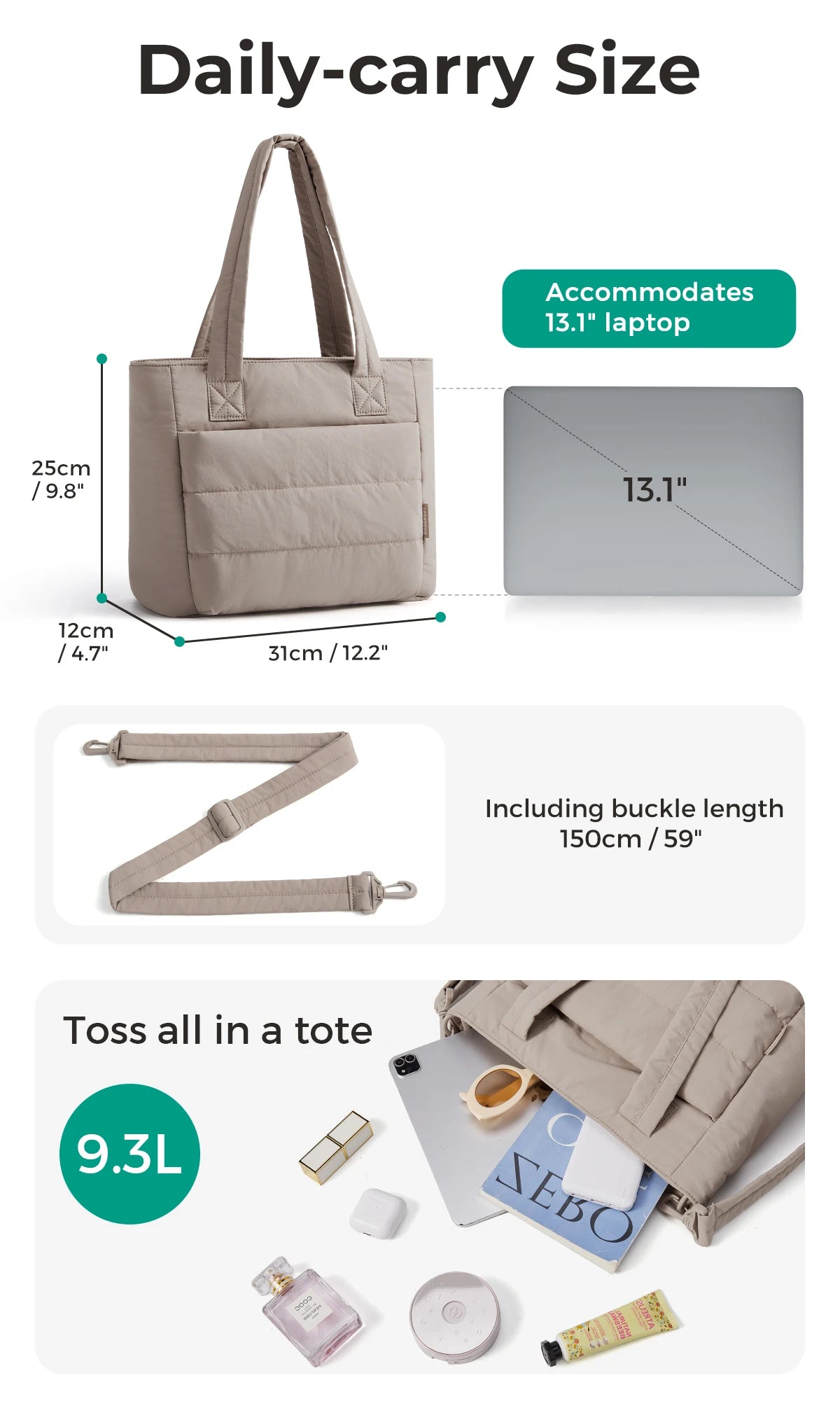 BAGSMART Women’s Tote Bag Padded Single Shoulder Bag Large Capacity Student College Crossbody Bag Casual Outdoor Handbag