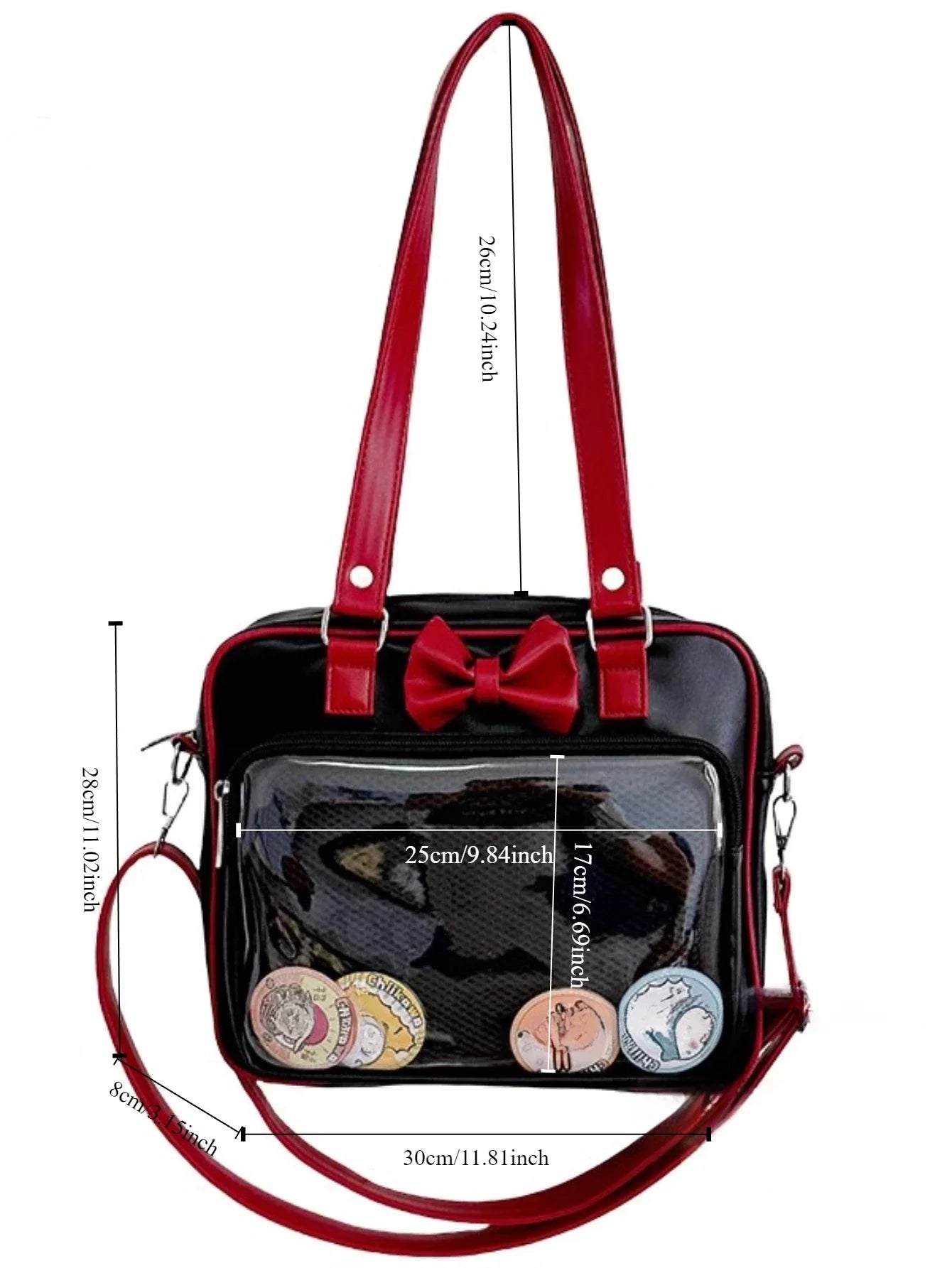 Japanese Style Kawaii PU Leather Itabag Women Transparent Pocket Bowknot Lolita Shoulder Bag Tote Handbags Women Ita Bag JK Girl