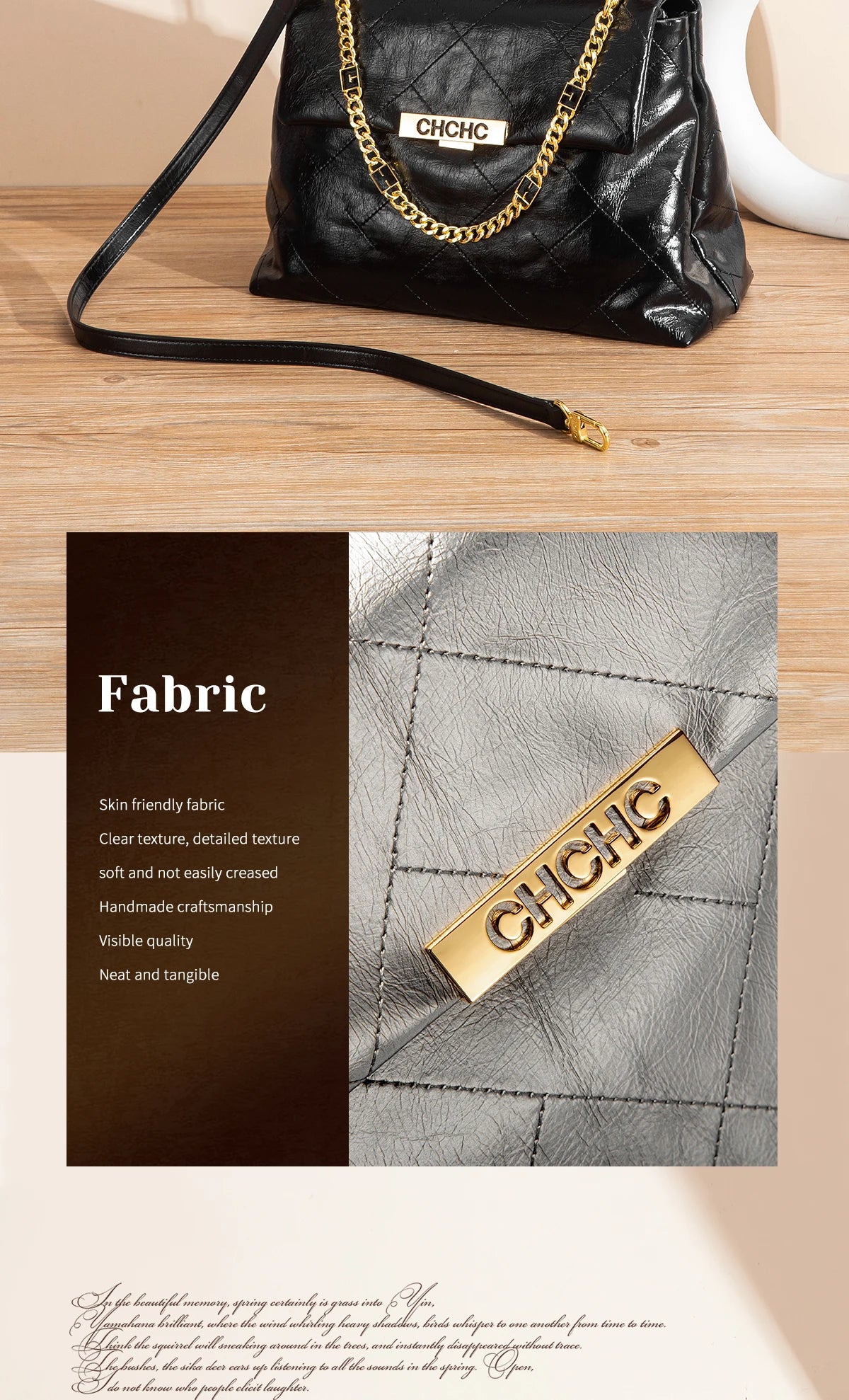 CHCH Women's Tote Bag 2026 Spring/Summer New Single Shoulder Bag Simple Black Diamond Grid Pattern Handbag