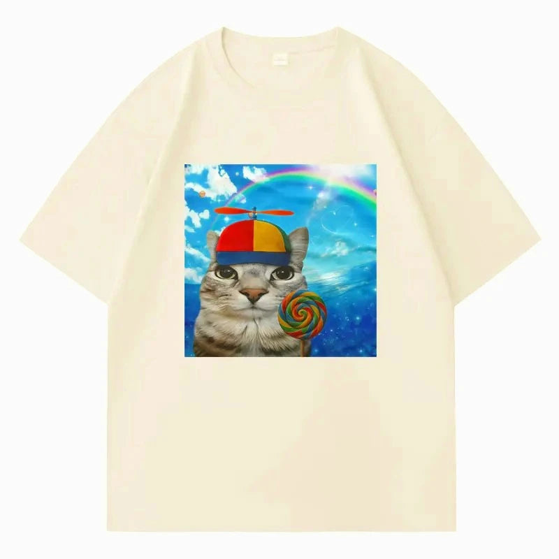 Greetings Huzz T-shirt Silly Cat Meme Printed Summer Hip Hop Women Crewneck Shortsleeve Casual Y2k  Tshirt Clothing