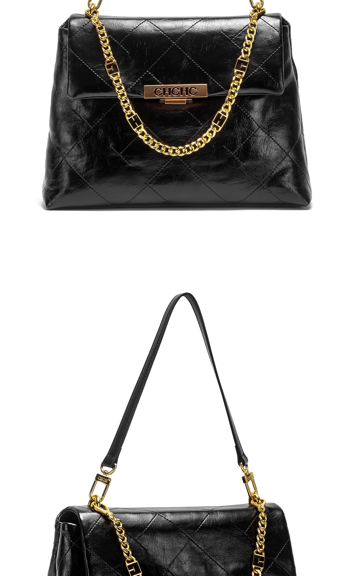 CHCH Women's Tote Bag 2026 Spring/Summer New Single Shoulder Bag Simple Black Diamond Grid Pattern Handbag