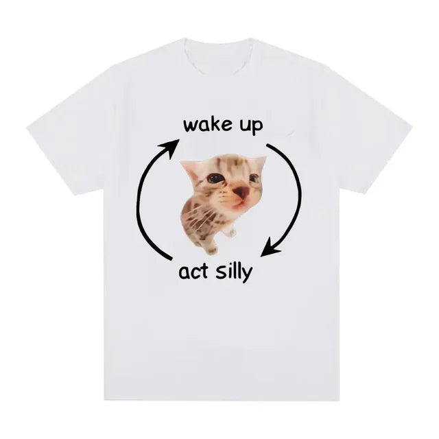 Wake Up Act Silly Meme Graphic T Shirt Funny Cute Cat Print Short Sleeve T-shirt Men Women Casual Oversized T Shirts