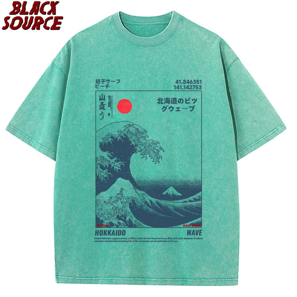 T416 Japanese Style Hokkaido Wave Vintage T-shirt Men Women Harajuku Fashion High Quality T Shirts Oversized Cotton Summer Tee